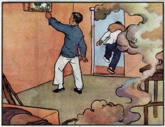 Drawing, in Case of Fire, Turn Off the Power Before Leaving. Illustration in 