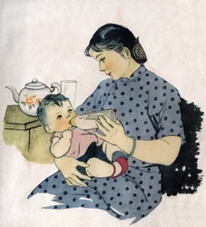 Mom giving a bottle to her baby. Illustration, in "How to Better Nourish Our Children", Edition Le Journal de la Sante, Pekin