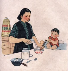 Mom preparing a baby meal. Illustration, in "How to Better Nourish Our Children", Edition Le Journal de la Sante, Pekin