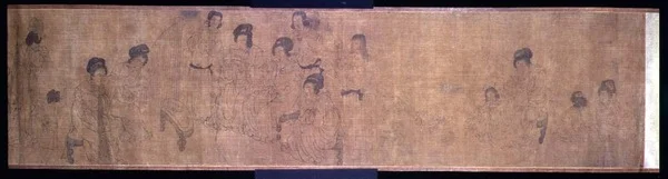 Palace Ladies at Leisure Handscroll, detail of ladies making music, after an original by Wen-chu Chou, Southern Sung period, c.1140