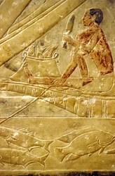 Mastaba/Tomb of Idout, Saqqara, Fishermen sit on boats, scaling fish