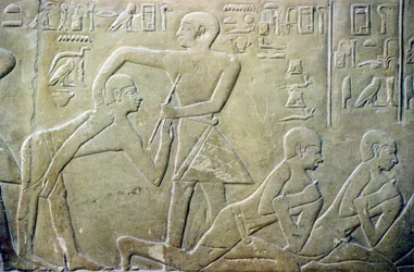 Ancient Egypt, Relief, Village elders forced to admit their faulty tax returns to clerks, Tomb of Merereuka, 6th Dynasty