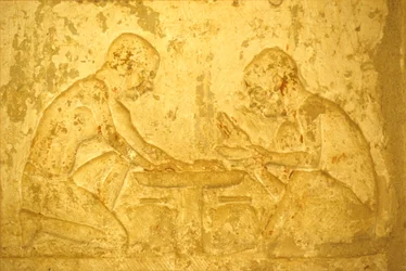 Ancient Egypt, Wall Carving/Painting, Tomb of Petosiris, Tuna el Gebel, 300 BC, Men Making Unguent Medicines