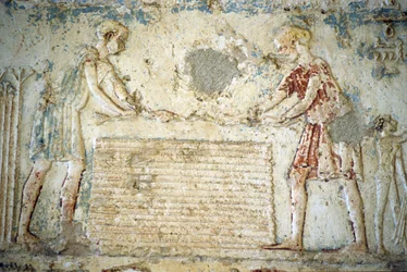 Ancient Egypt, Wall Carving/Painting, Tomb of Petosiris, Tuna el Gebel, 300 BC, The Flax Harvest