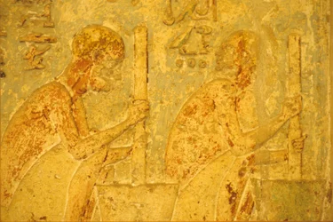 Ancient Egypt, Wall Carving/Painting, Tomb of Petosiris, Tuna el Gebel, 300 BC, Workers Using Pestle and Mortar
