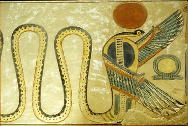 Ancient Egypt, Wall Painting, Tomb of Amon Hir Khopshef, Uraeus and Winged Serpents Guard the Burial Chamber Entrance, 20th Dynasty, Valley of the Queens