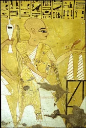 Ancient Egypt, Wall painting Tomb of Inherkhau, Thebes, Tomb of the Nobles, 20th dynasty, A priest pouring libations for Inherkhau