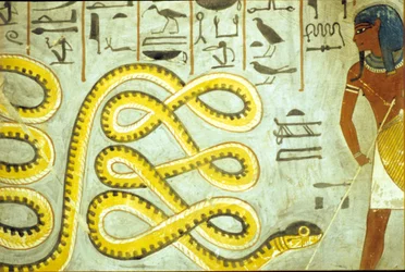 Ancient Egypt, Wall painting, Tomb of Rameses I, Valley of the Kings, Rameses I killing the snake God of the underworld