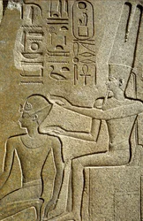Ancient Egypt, Wall painting/carving, Hatshepsut being blessed by Amon Ra, Karnak Temple, Luxor
