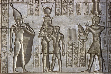 Ancient Egypt, Wall Painting/Carving, Isis Suckles the Young Pharaoh in the Presence of the Divine Infant Ihy, whilst the Pharaoh Makes an Offering, Temple of Hathor, Dendera