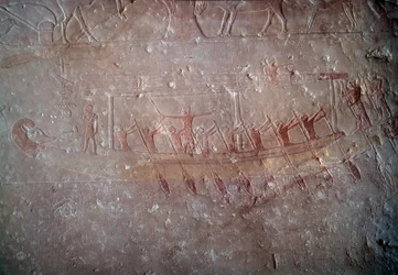 Ancient Egypt: Limestone Relief Representing a Canoe from the Chapel of Mastaba in Akhethetep, around 2300 BC. Louvre Museum, Paris