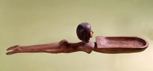 Wooden Cosmetic Spoon Called a Naked Swimmer Holding a Duck, 18th Dynasty, New Empire, Paris, Louvre Museum
