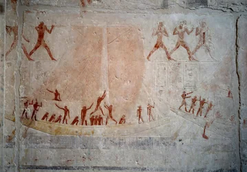 Egyptian antiquities: a sailboat. Limestone relief from the Chapel of Mastaba of Akhethetep in Saqqara. 5th dynasty (around 2500-2350 BC) 2300 BC. Paris, Louvre Museum