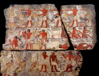 Egyptian antiquity: painting of the mastaba of Metchetchi. Scene of daily life (hunting, fishing, offering) in Egypt at the time of the 6th dynasty. 2400-2300 BC. From the site of Saqqara