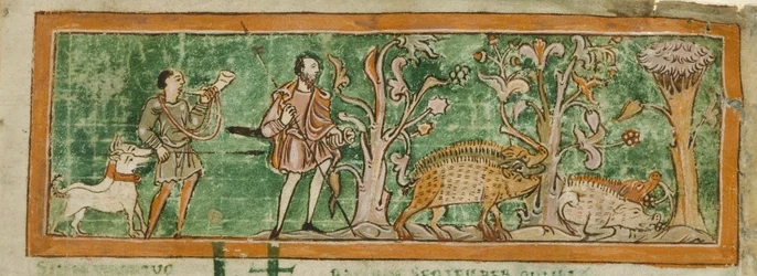 Pigs grazing, from a collection of Anglo-Saxon Miscellany