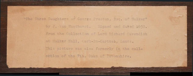 Detail of the inscription, from a Portrait of the Three Children of George Preston of Holker