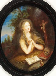Mary Magdalene leaning against a bank, her eyes raised to a crucifix