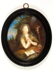 Mary Magdalene leaning against a bank, her eyes raised to a crucifix