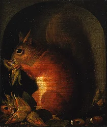Red Squirrel in a Niche with Nuts