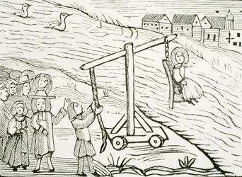 Woman on a Ducking Stool, Accused of Witchcraft, illustration from a collection of chapbooks on esoterica