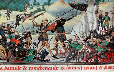 Death of the knight Roland, nephew of Charlemagne, at the Battle of Roncevaux (778) between the army of Charlemagne and the Saracens. Miniature. Paris B.N.