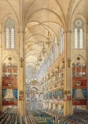 Interior of Notre-Dame Cathedral in Paris during the coronation of Napoleon I (1769-1821) on 2/12/1804. Watercolour around 1804. Île-d