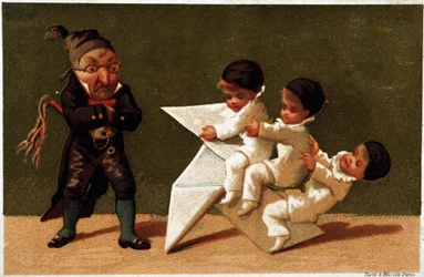 The teacher and the garments (the paper cooker) - chromo label of Bon Marché