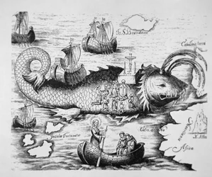 St Brendan Celebrating Mass on the Back of a Giant Fish Between the Canary Isles and the Mythical Isle of St Brandano