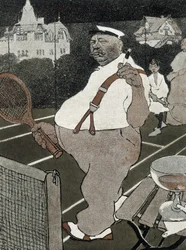 Tennis: fat man, smoking and drinking alcohol, playing tennis - German cartoon
