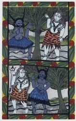 Kama, god of desire, sends a love arrow to Shiva in meditation, to unite with Parvati. Painted roll of the Bengal region, serving as a narrative medium for the singers Baoul (Baul). Leonard de Selva private collection.