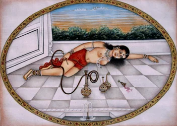 Lady Enjoying Hookah and Drink Miniature Painting on Paper