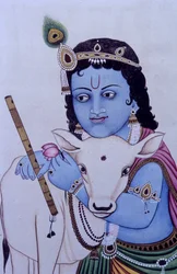 Lord Bal Krishna with Cow in Miniature Painting on Paper