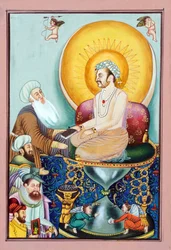 Miniature Painting of Abul Fazl Presenting Akbar Name to Mughal Emperor Akbar