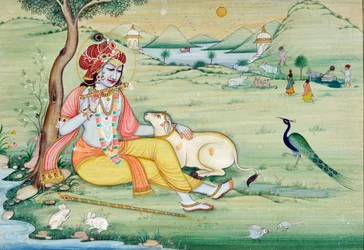 Miniature Painting of Krishna Playing Flute