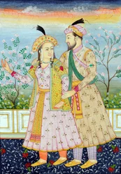 Miniature Painting of Mughal Emperor Shah Jahan with Wife Mumtaz Mahal