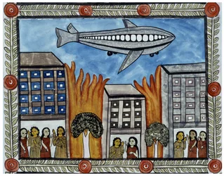 The story of the attacks of 11 September 2001 told by the peddlers Baul from Bengal. Painting, series, number 6/9, Bengal