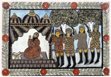 The story of the attacks of 11 September 2001 told by the peddlers Baul from Bengal. Painting, series, number 1/9, Bengal