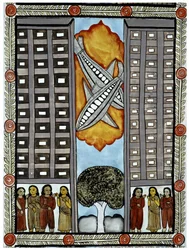 The story of the attacks of 11 September 2001 told by the peddlers Baul from Bengal, an illustration of the planes taking part in the World Trade Center in New York. Painting, series, number 3/9, Bengal.