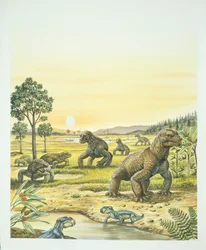 Anomodonts, foreground, Pareisaurs, left, and Dinocephalians, right, Paleozoic, Permian period
