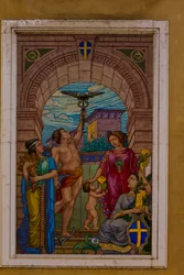 Mosaic on facade of building in Corso Emanuele II, beside Banca Agricola Mantovana, Mantua (UNESCO World Heritage List, 2008), Lombardy, Italy