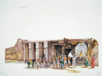 Tell el-Amarna - reconstruction of worship of the god Aton, depicted as the solar disc