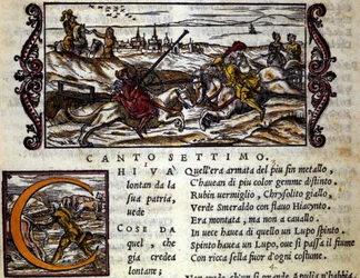 The giant Eryphila mounted on a wolf fights Roger - Scene of the knightly poem of Orlando Furioso by Ludovico Ariosto, Chant VII