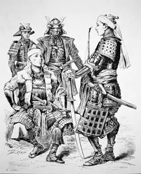 Samurai of Old Japan Wearing Traditional Costume and Armour