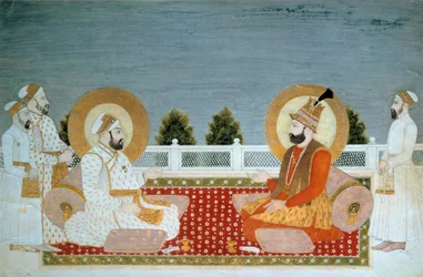 Indian Art: Representation of Mohammed Shah (1702-1748) Indian Emperor and Nadir Shah (1688-1747), Shah of Iran. Miniature of the Mughal School. Paris, Musee Guimet, Musee national des Arts Asiatiques
