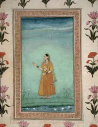 Lady holding fruit, standing by a lily pond, from the Small Clive Album, c.1600