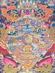 Wheel of life depicting the Kalachakra or deluded existence held in the mouth of Yama, the god of death representing birth, death and rebirth