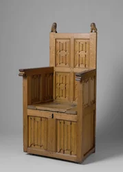 Armchair with Box-Shaped Base, Decorated with Letter Panel and Shield-Bearing Lions