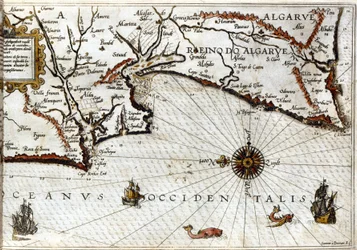 Cape Sagres (or Sacred Cape) at the end of Portugal after the portulan of Luca J. Waghenaer Treesor of zeevaert printed in Leiden in 1592