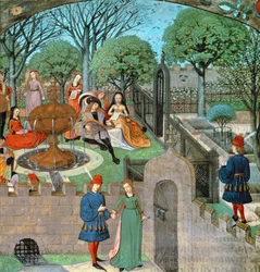 Garden scene, the lover and dame Oyseuse (Idleness) outside the garden walls, from the 