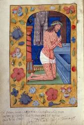 Christ kneels by an open tomb